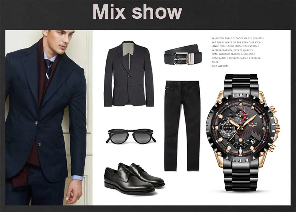 LIGE Men's Luxury Chronograph Watch - Fashionable, Waterproof, Stainless Steel
