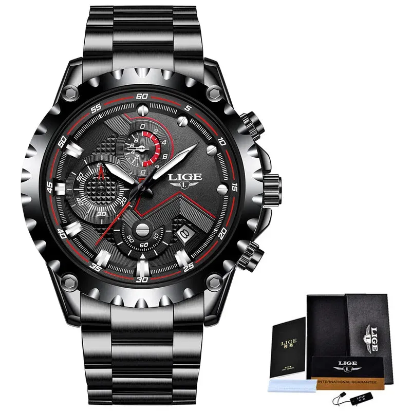 LIGE Men's Luxury Chronograph Watch - Fashionable, Waterproof, Stainless Steel