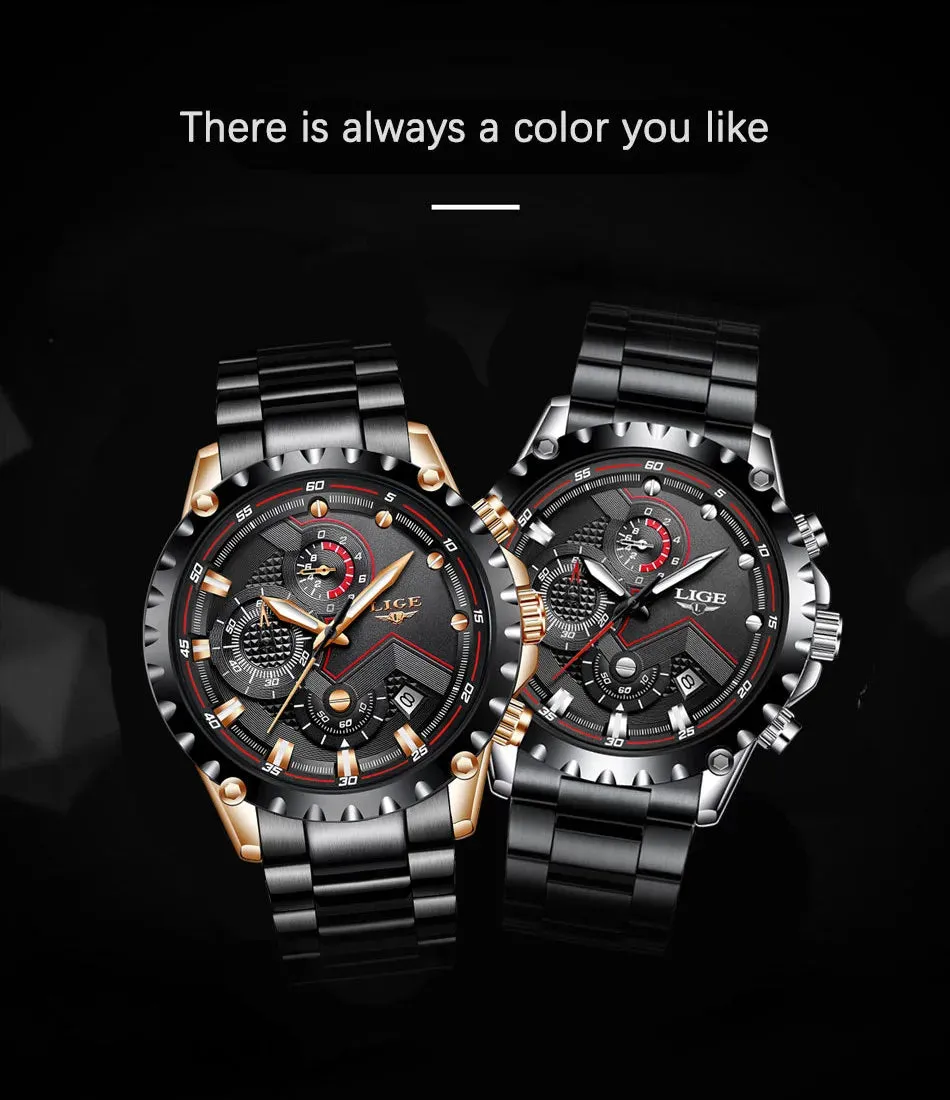 LIGE Men's Luxury Chronograph Watch - Fashionable, Waterproof, Stainless Steel