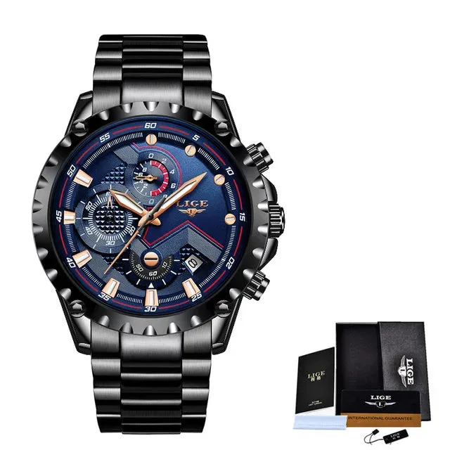 LIGE Men's Luxury Chronograph Watch - Fashionable, Waterproof, Stainless Steel