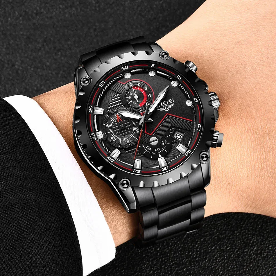 LIGE Men's Luxury Chronograph Watch - Fashionable, Waterproof, Stainless Steel