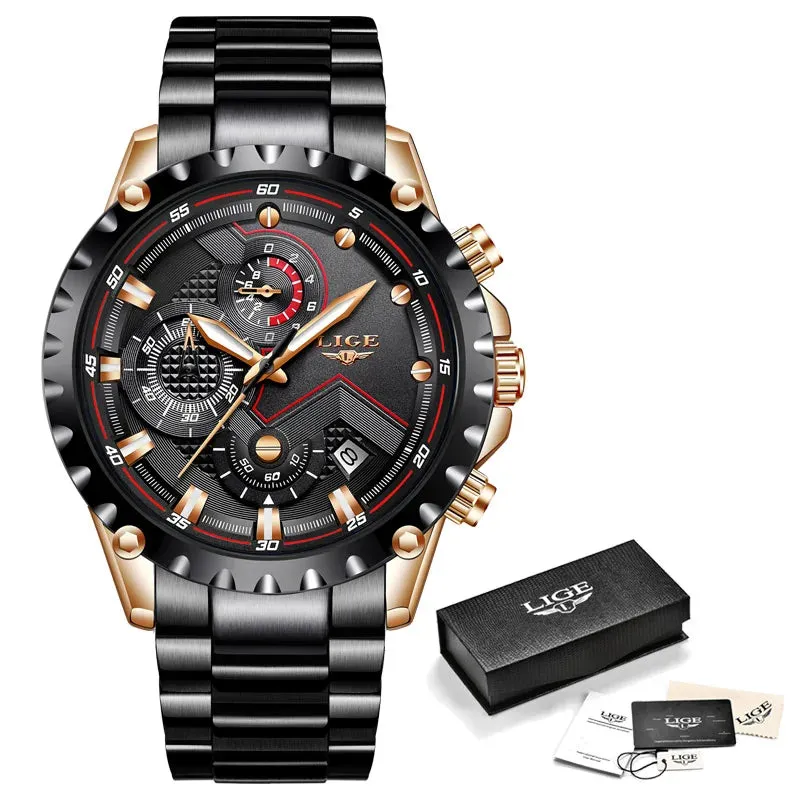 LIGE Men's Luxury Chronograph Watch - Fashionable, Waterproof, Stainless Steel