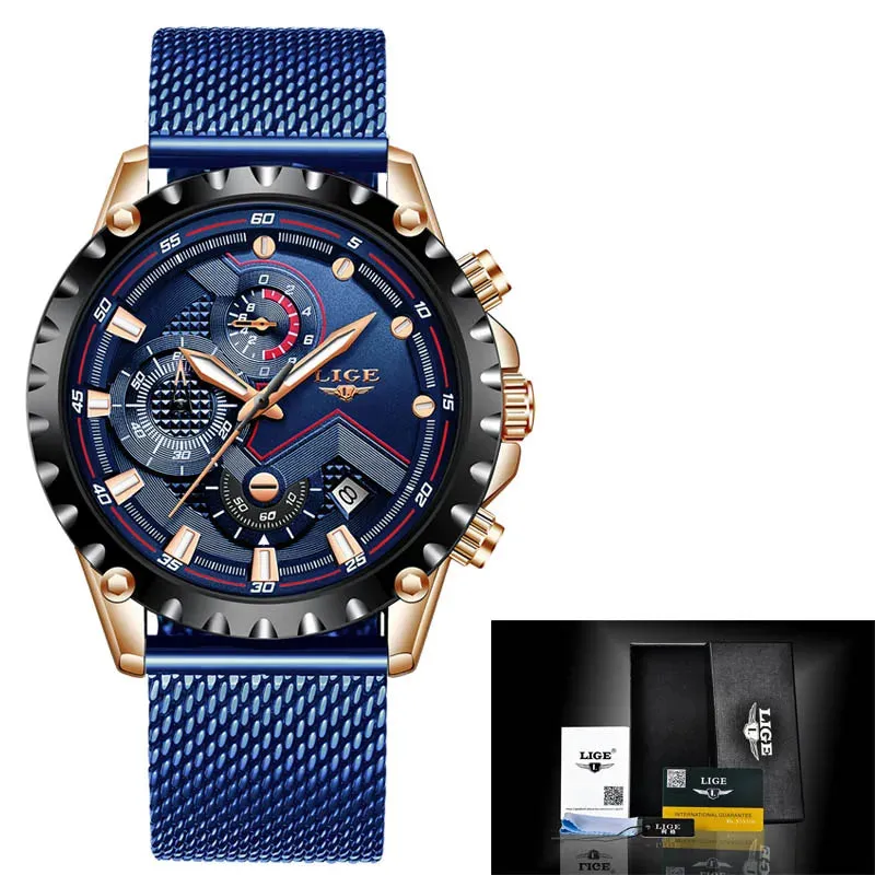 LIGE Men's Luxury Chronograph Watch - Fashionable, Waterproof, Stainless Steel
