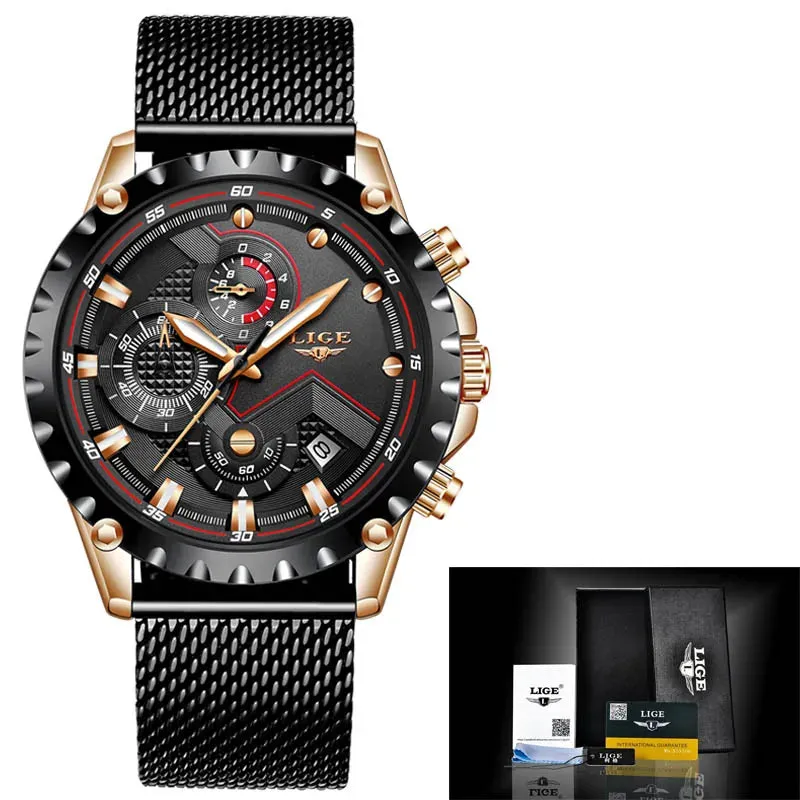 LIGE Men's Luxury Chronograph Watch - Fashionable, Waterproof, Stainless Steel