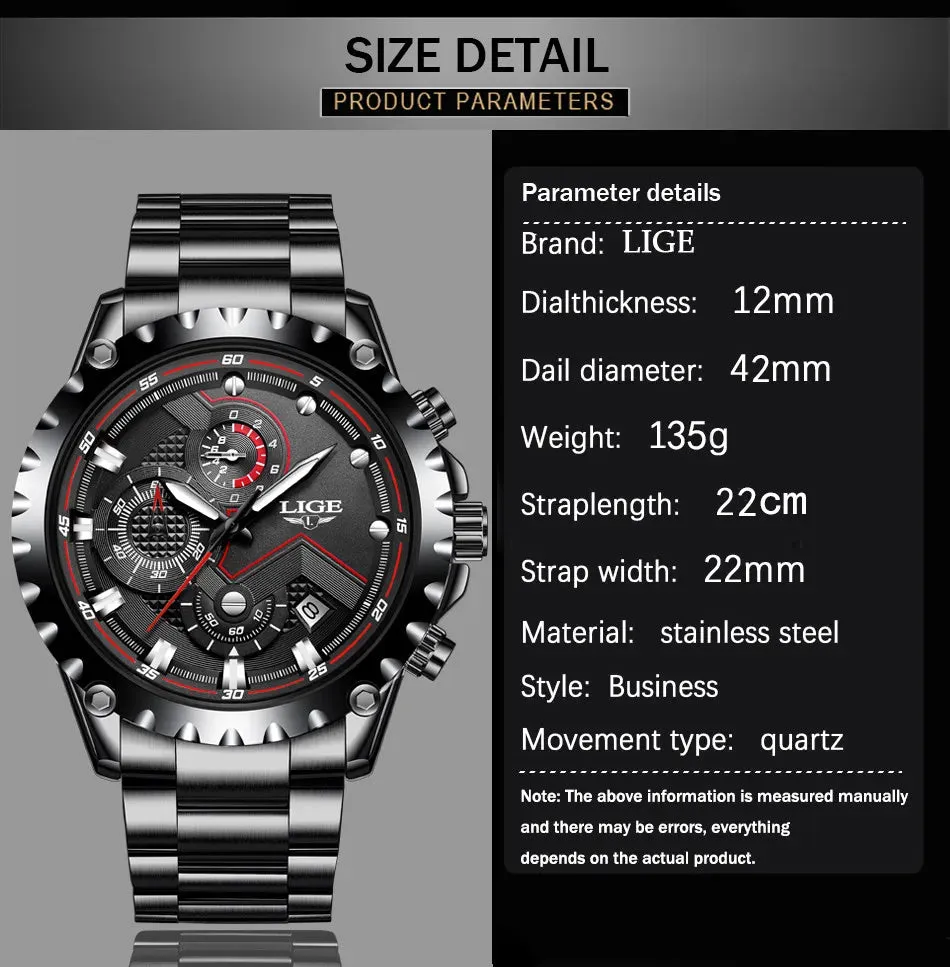 LIGE Men's Luxury Chronograph Watch - Fashionable, Waterproof, Stainless Steel