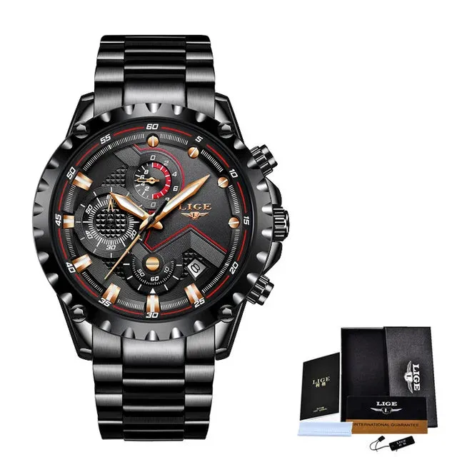 LIGE Men's Luxury Chronograph Watch - Fashionable, Waterproof, Stainless Steel