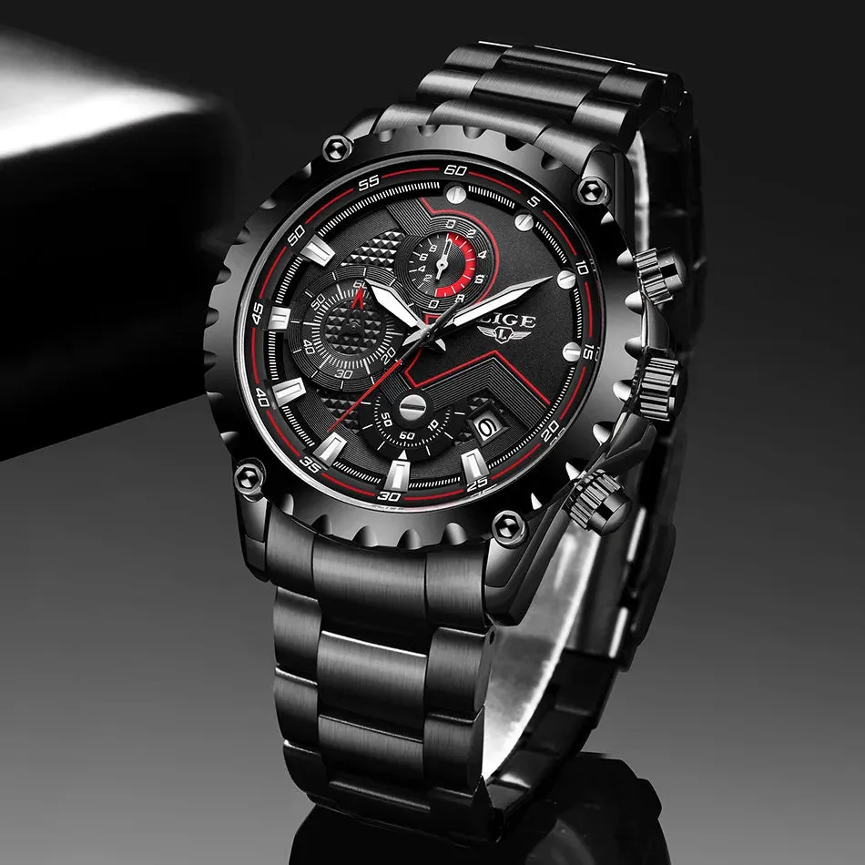 LIGE Men's Luxury Chronograph Watch - Fashionable, Waterproof, Stainless Steel