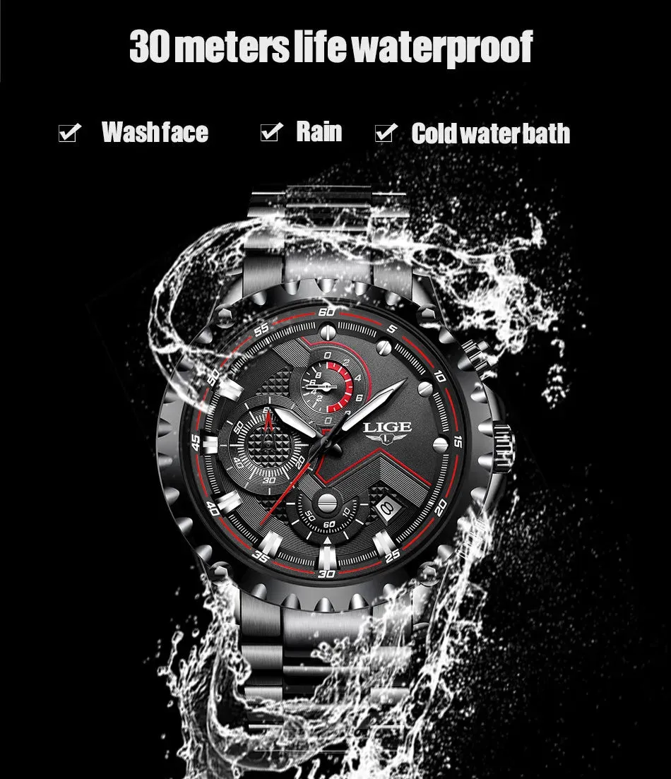 LIGE Men's Luxury Chronograph Watch - Fashionable, Waterproof, Stainless Steel