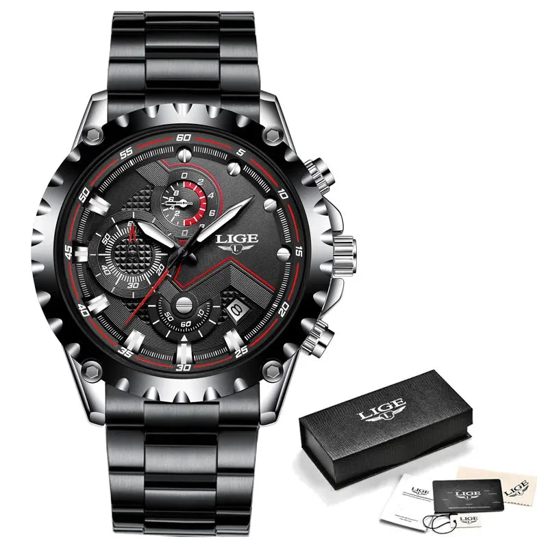 LIGE Men's Luxury Chronograph Watch - Fashionable, Waterproof, Stainless Steel