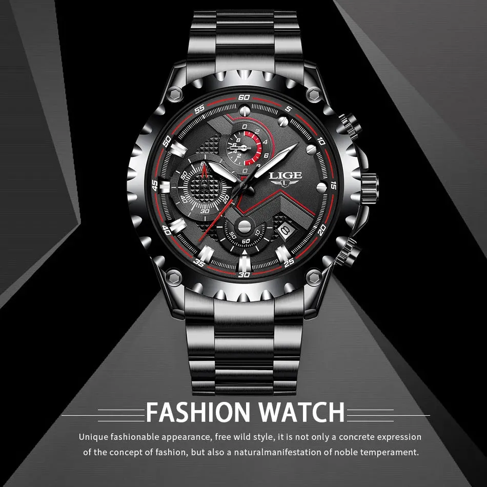 LIGE Men's Luxury Chronograph Watch - Fashionable, Waterproof, Stainless Steel