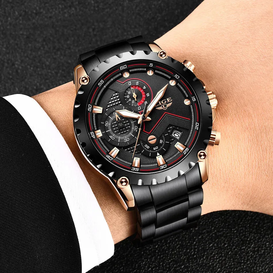 LIGE Men's Luxury Chronograph Watch - Fashionable, Waterproof, Stainless Steel