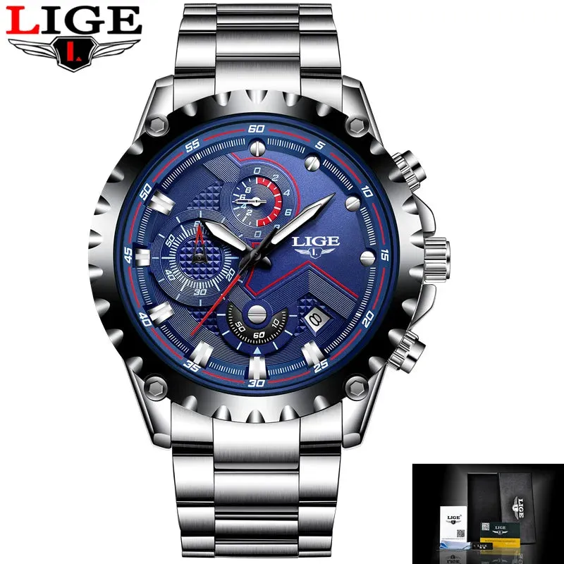 LIGE Men's Luxury Chronograph Watch - Fashionable, Waterproof, Stainless Steel