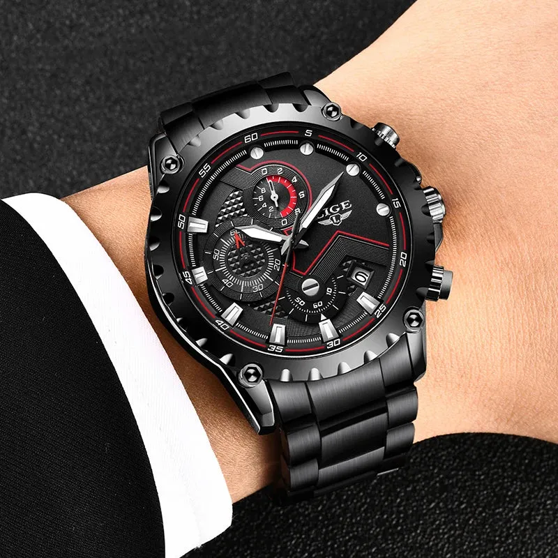 LIGE Men's Luxury Chronograph Watch - Fashionable, Waterproof, Stainless Steel