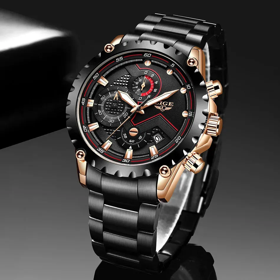 LIGE Men's Luxury Chronograph Watch - Fashionable, Waterproof, Stainless Steel