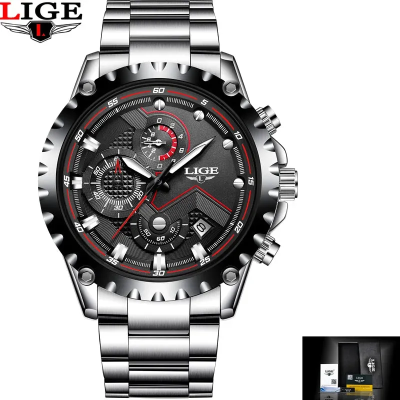 LIGE Men's Luxury Chronograph Watch - Fashionable, Waterproof, Stainless Steel
