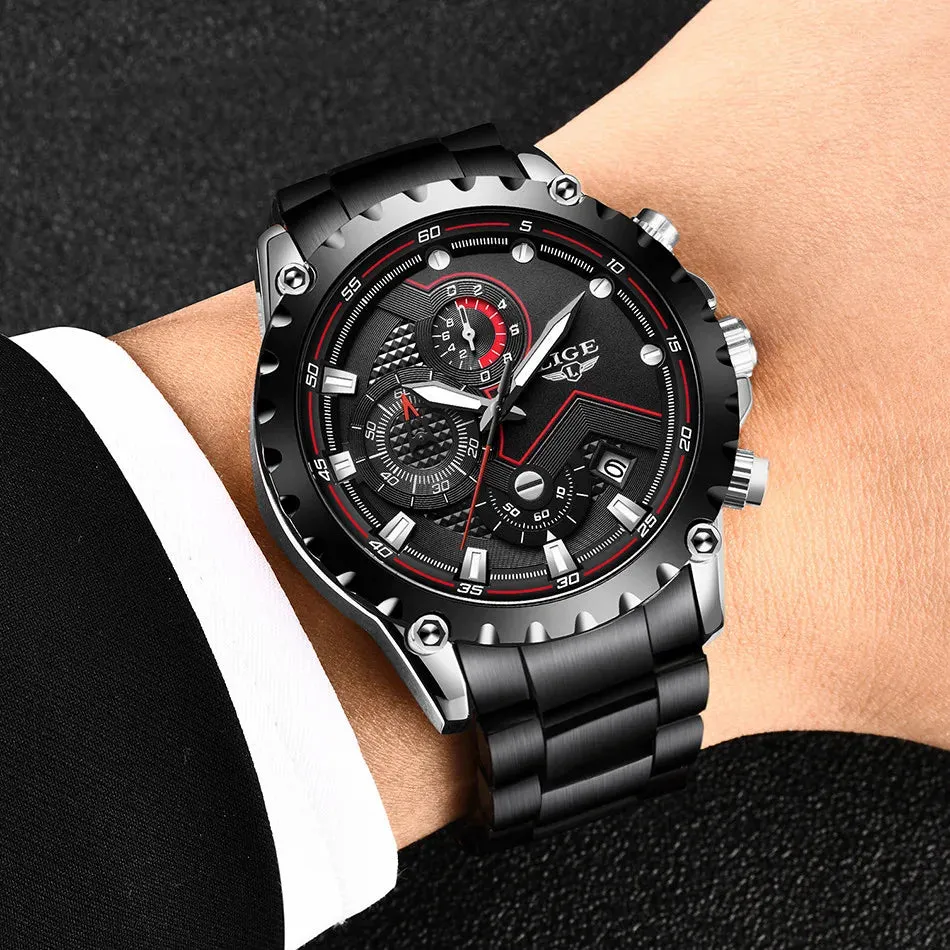 LIGE Men's Luxury Chronograph Watch - Fashionable, Waterproof, Stainless Steel