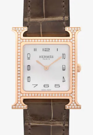 Medium Heure H 30mm Watch in Shiny Alligator Single Tour Strap with Diamond-Set Rose Gold Case