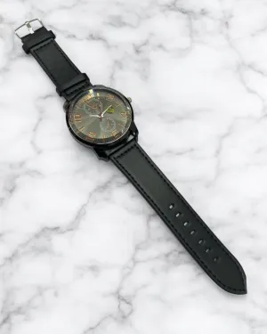 Men All Black Leather Strap Watch