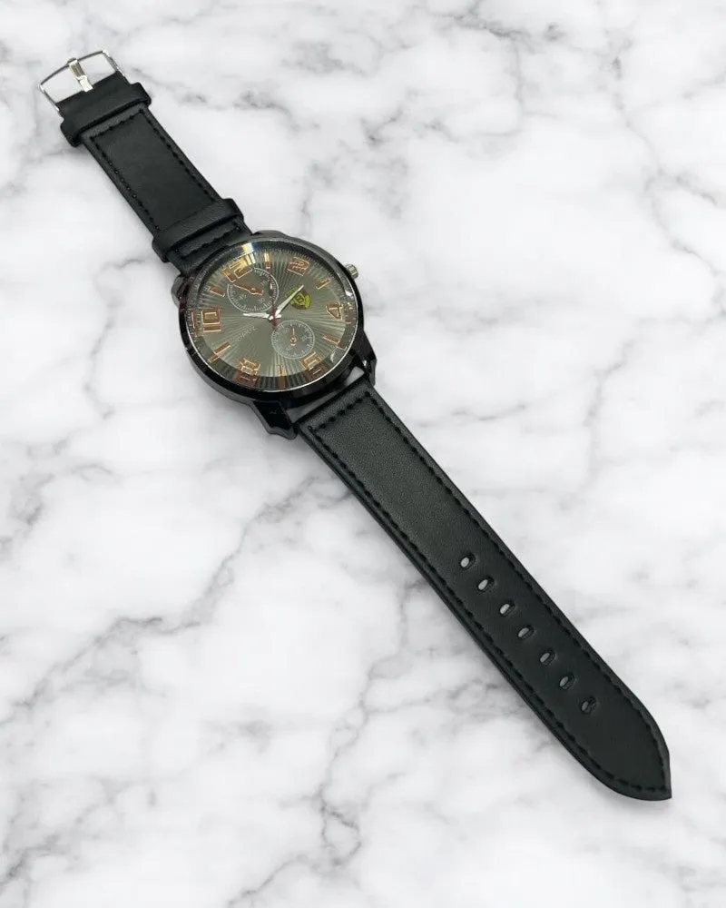 Men All Black Leather Strap Watch