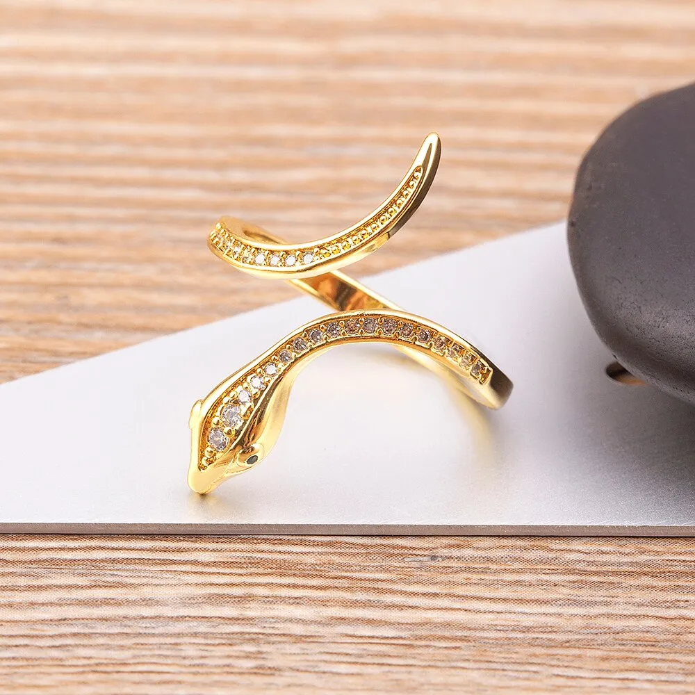 New Fashion Cute Animal Snake Shaped Inlaid Shiny Crystal Zircon Opening Adjustable Gold Plated Ring