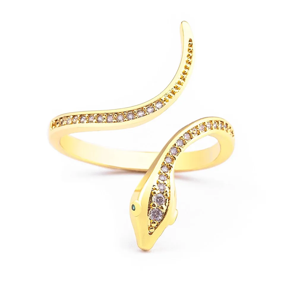 New Fashion Cute Animal Snake Shaped Inlaid Shiny Crystal Zircon Opening Adjustable Gold Plated Ring