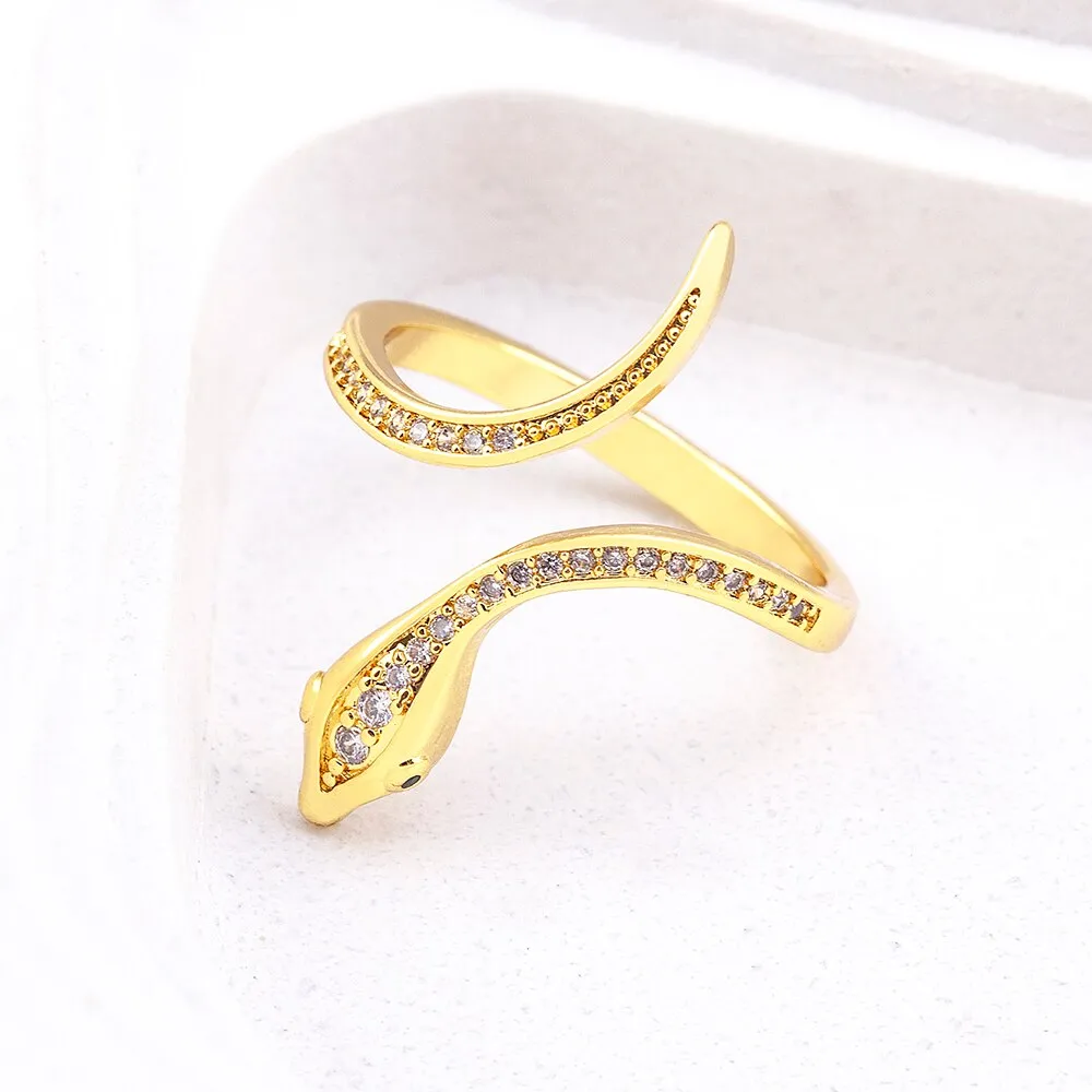 New Fashion Cute Animal Snake Shaped Inlaid Shiny Crystal Zircon Opening Adjustable Gold Plated Ring