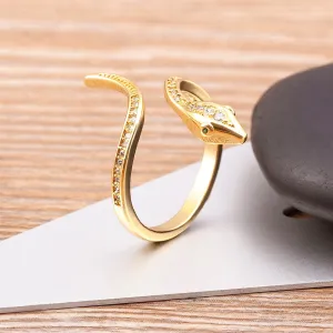 New Fashion Cute Animal Snake Shaped Inlaid Shiny Crystal Zircon Opening Adjustable Gold Plated Ring