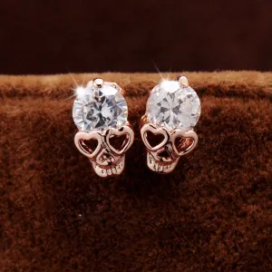 New Fashion Vintage Stud Earrings CZ Crystal  Gold Color Skull Stud Earrings Free Shipping