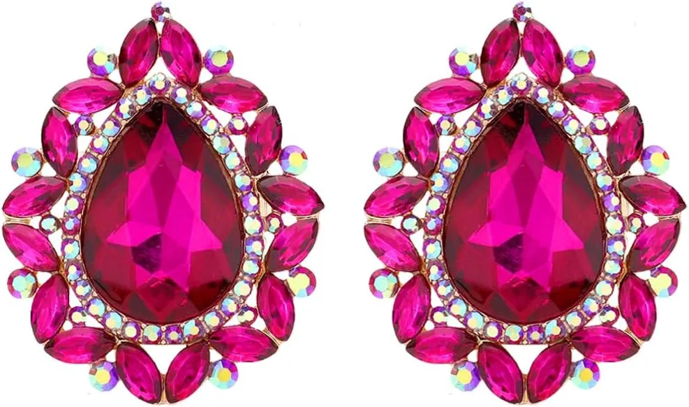 Rosemarie & Jubalee Women's Statement Vintage Style Dramatic Teardrop Crystal Clip On Earrings, 1.68"