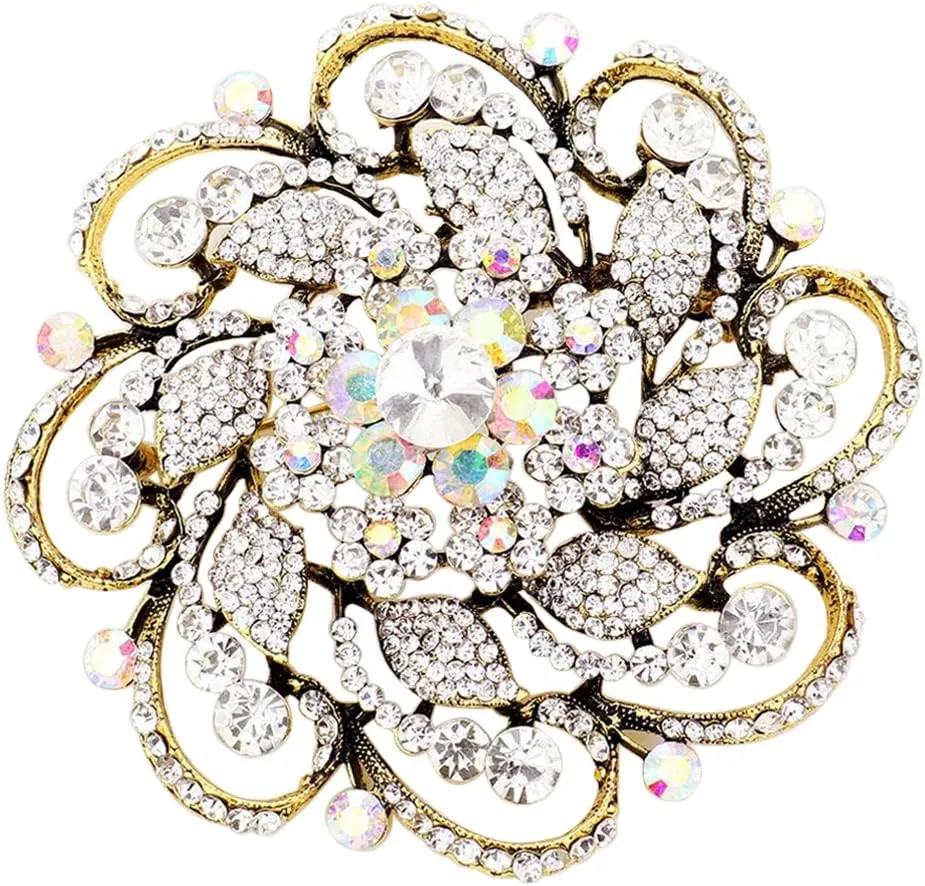 Rosemarie & Jubalee Women's Stunning Vintage Vibes Crystal Flower And Leaf Pinwheel Statement Size Large Brooch, 4"