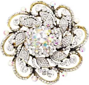 Rosemarie & Jubalee Women's Stunning Vintage Vibes Crystal Flower And Leaf Pinwheel Statement Size Large Brooch, 4"