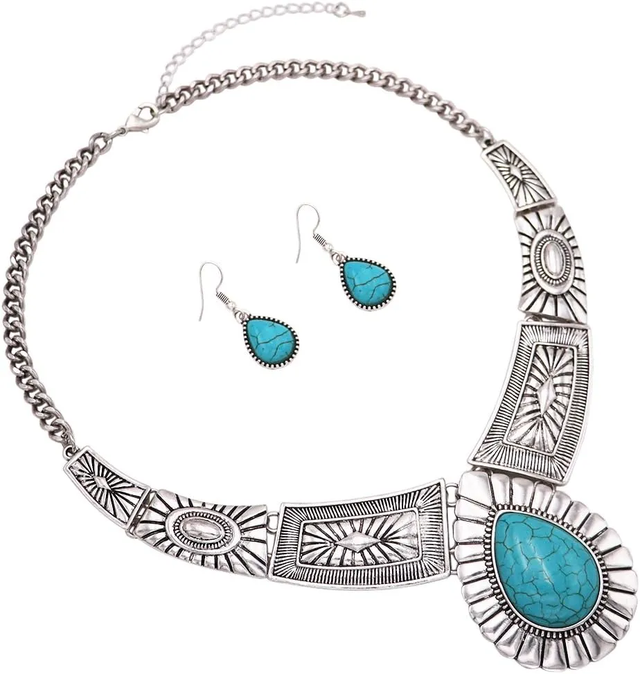 Rosemarie Collections Womens Chic Western Teardrop Howlite Stone Statement Necklace Earrings Set, 16" 3" Extender