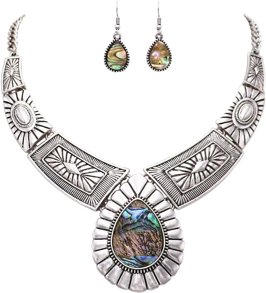 Rosemarie Collections Womens Chic Western Teardrop Howlite Stone Statement Necklace Earrings Set, 16" 3" Extender