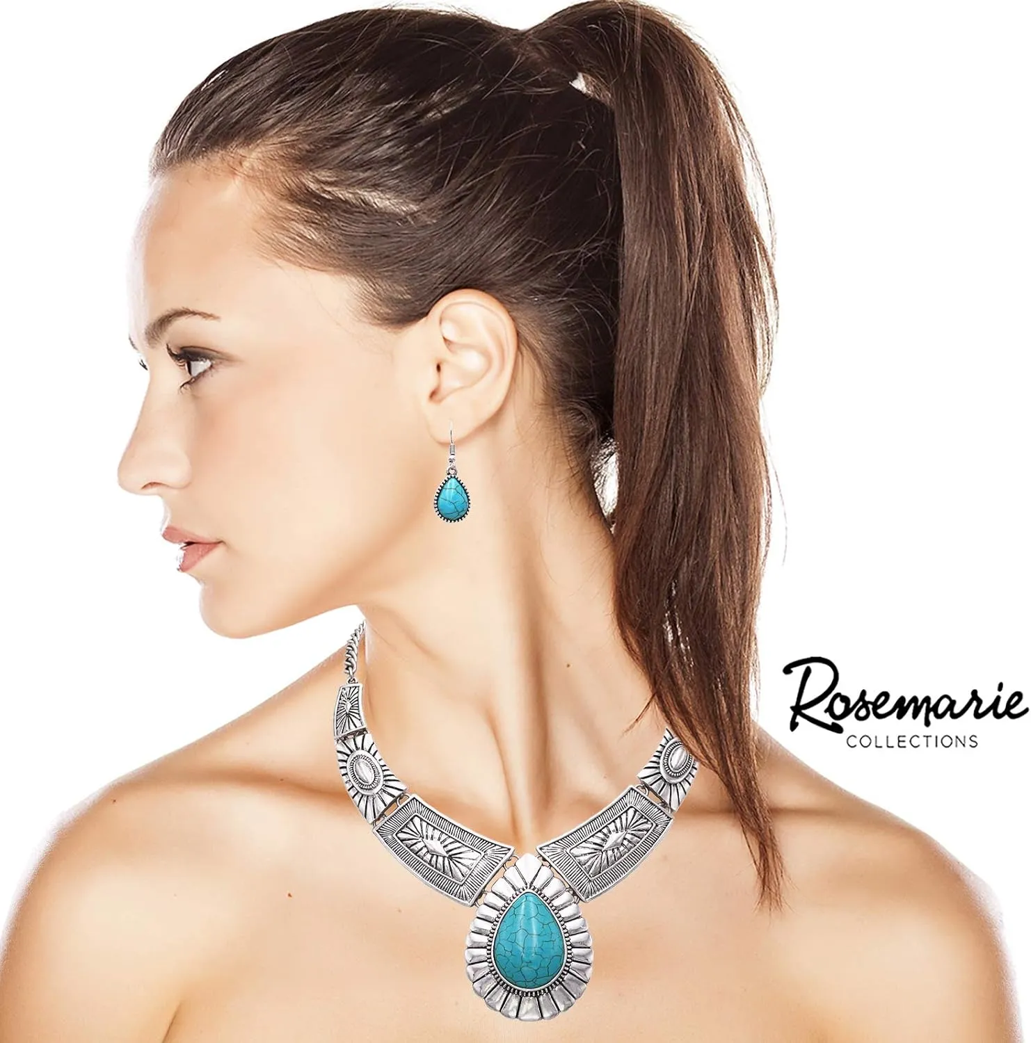 Rosemarie Collections Womens Chic Western Teardrop Howlite Stone Statement Necklace Earrings Set, 16" 3" Extender