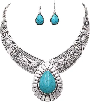 Rosemarie Collections Womens Chic Western Teardrop Howlite Stone Statement Necklace Earrings Set, 16" 3" Extender