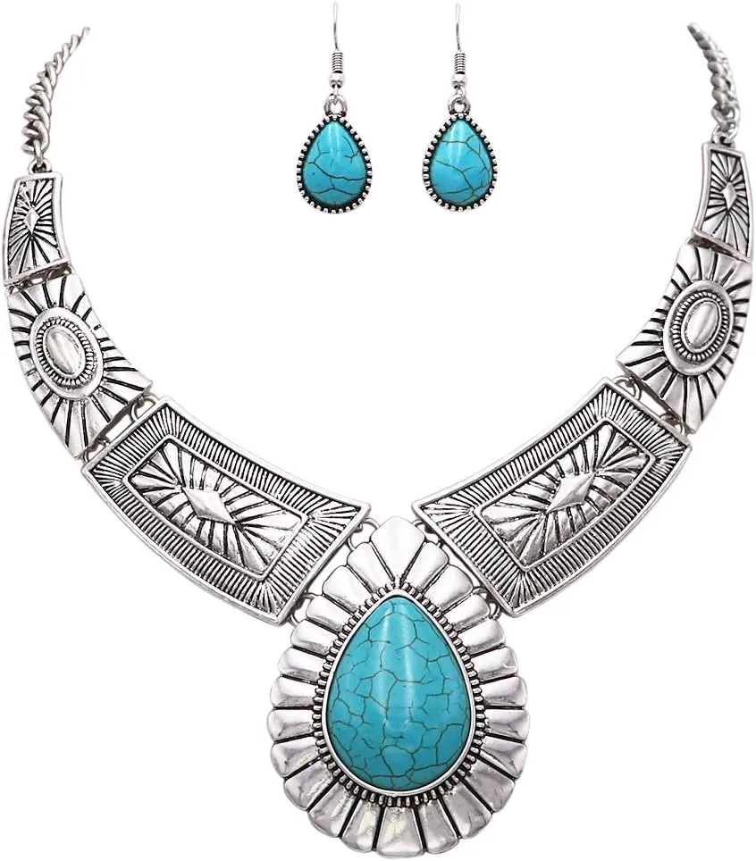 Rosemarie Collections Womens Chic Western Teardrop Howlite Stone Statement Necklace Earrings Set, 16" 3" Extender