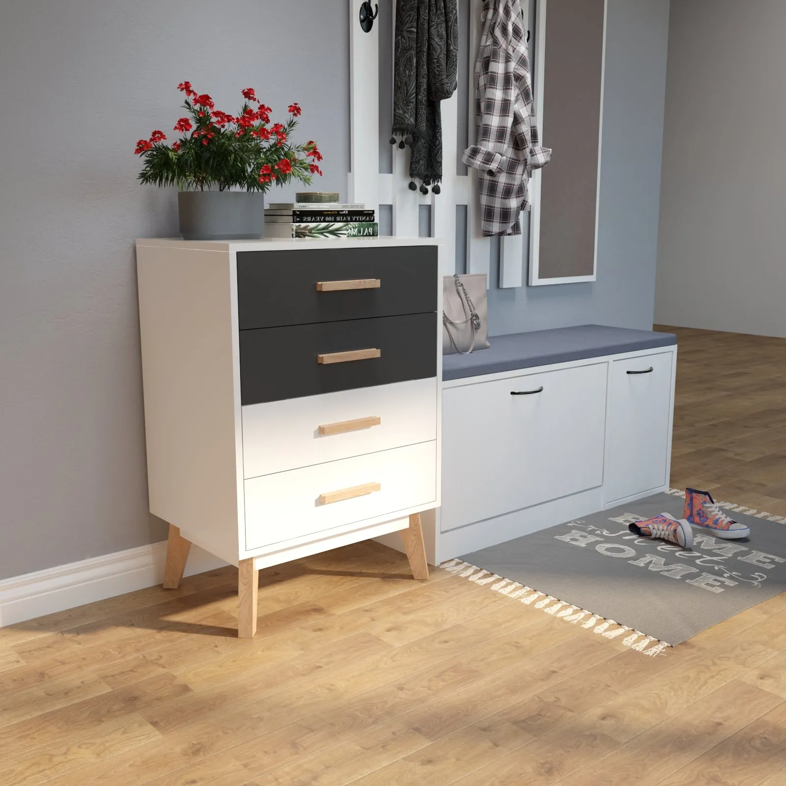 Storage Cabinet, White and Grey, with 4 Drawers