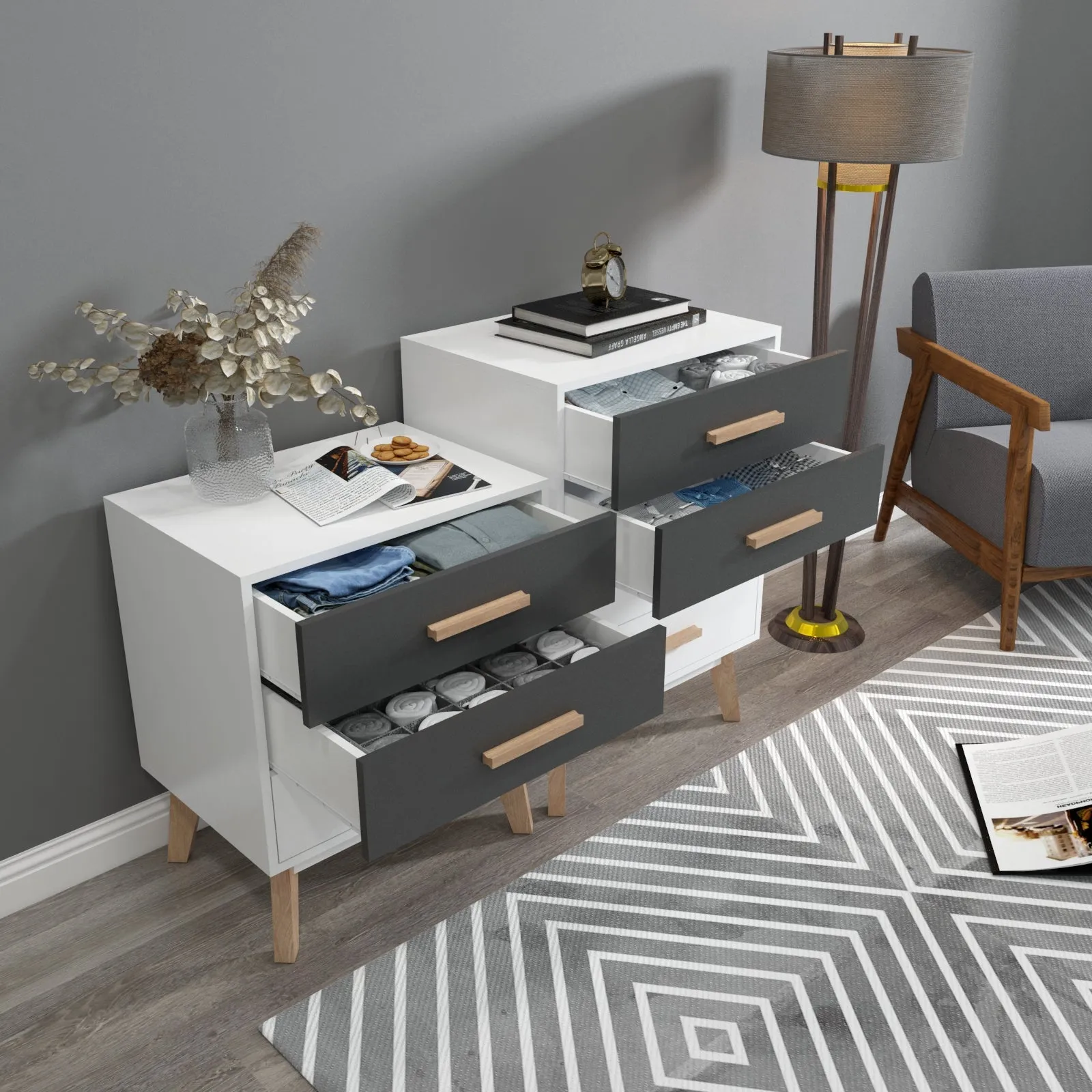 Storage Cabinet, White and Grey, with 4 Drawers