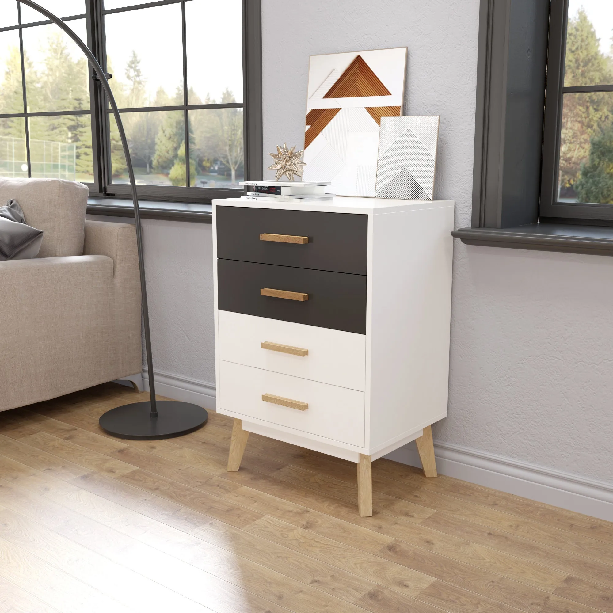 Storage Cabinet, White and Grey, with 4 Drawers