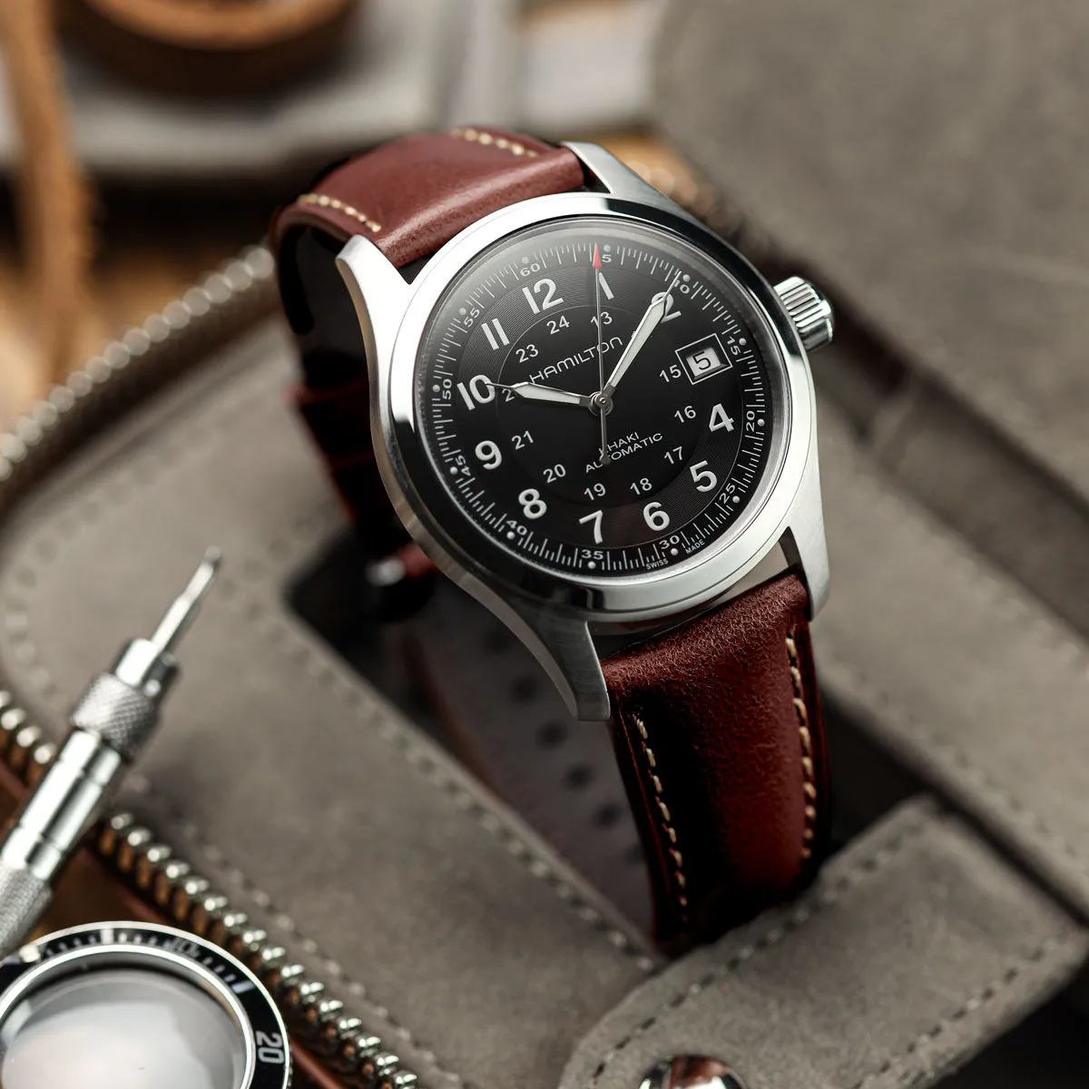 Tenby Classic Padded Genuine Leather Watch Strap  - Black / Black
