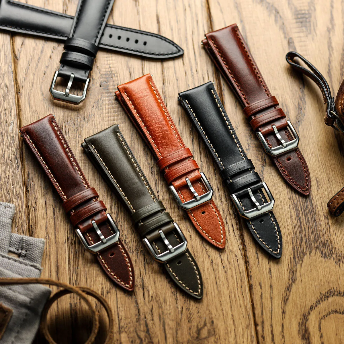 Tenby Classic Padded Genuine Leather Watch Strap  - Black / Black