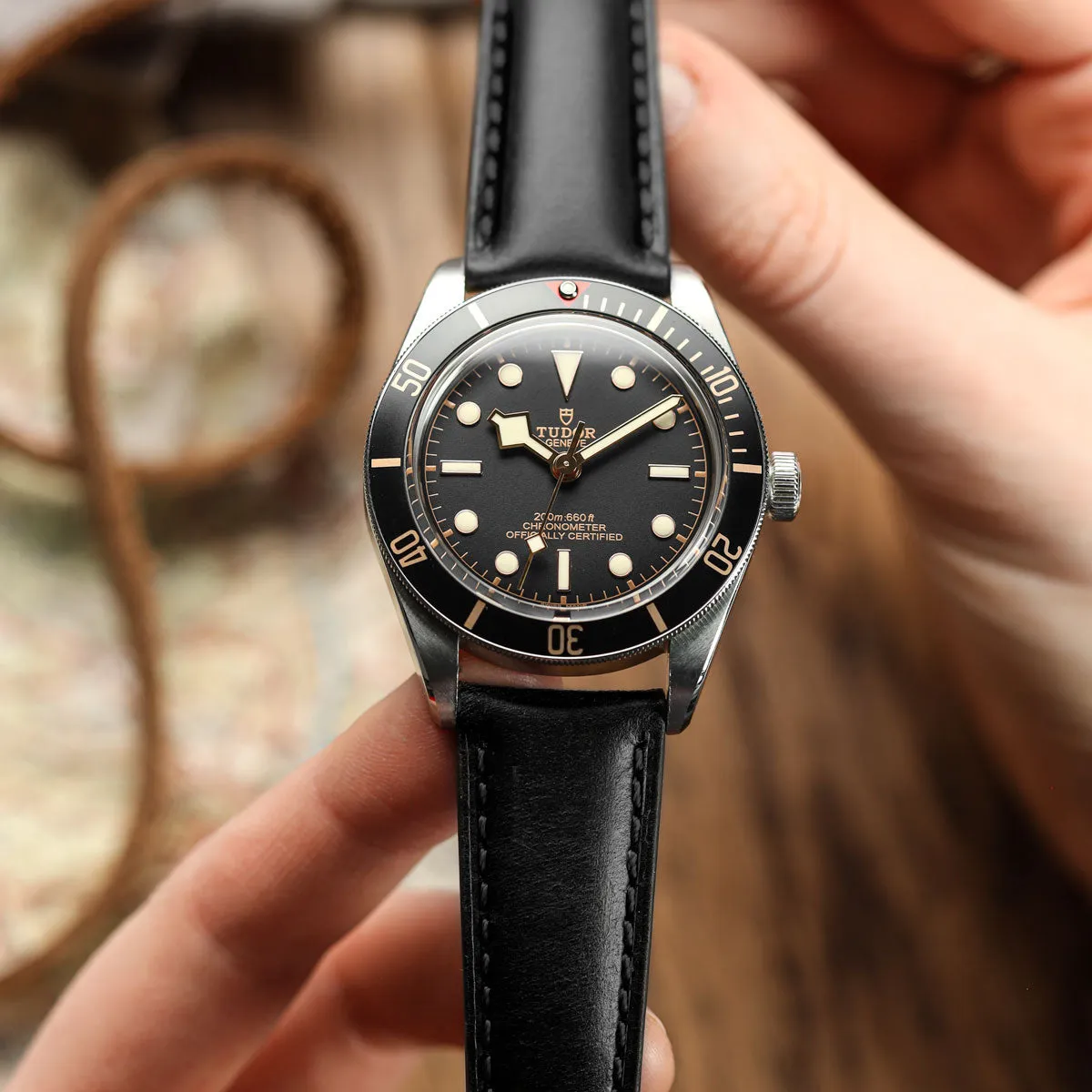 Tenby Classic Padded Genuine Leather Watch Strap  - Black / Black