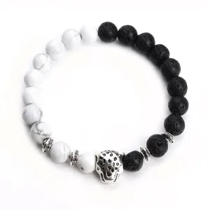 Tibetan Leopard Head Yoga Womens Bracelet White Howlite&Black Lava Stone Beaded Bracelets Men Elastic Rope