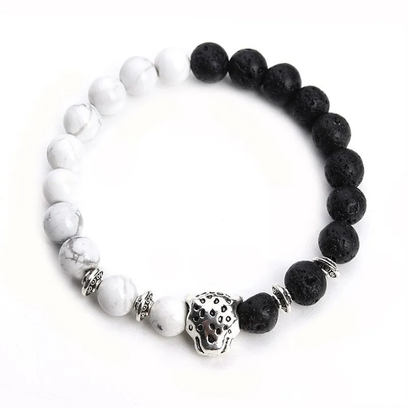 Tibetan Leopard Head Yoga Womens Bracelet White Howlite&Black Lava Stone Beaded Bracelets Men Elastic Rope