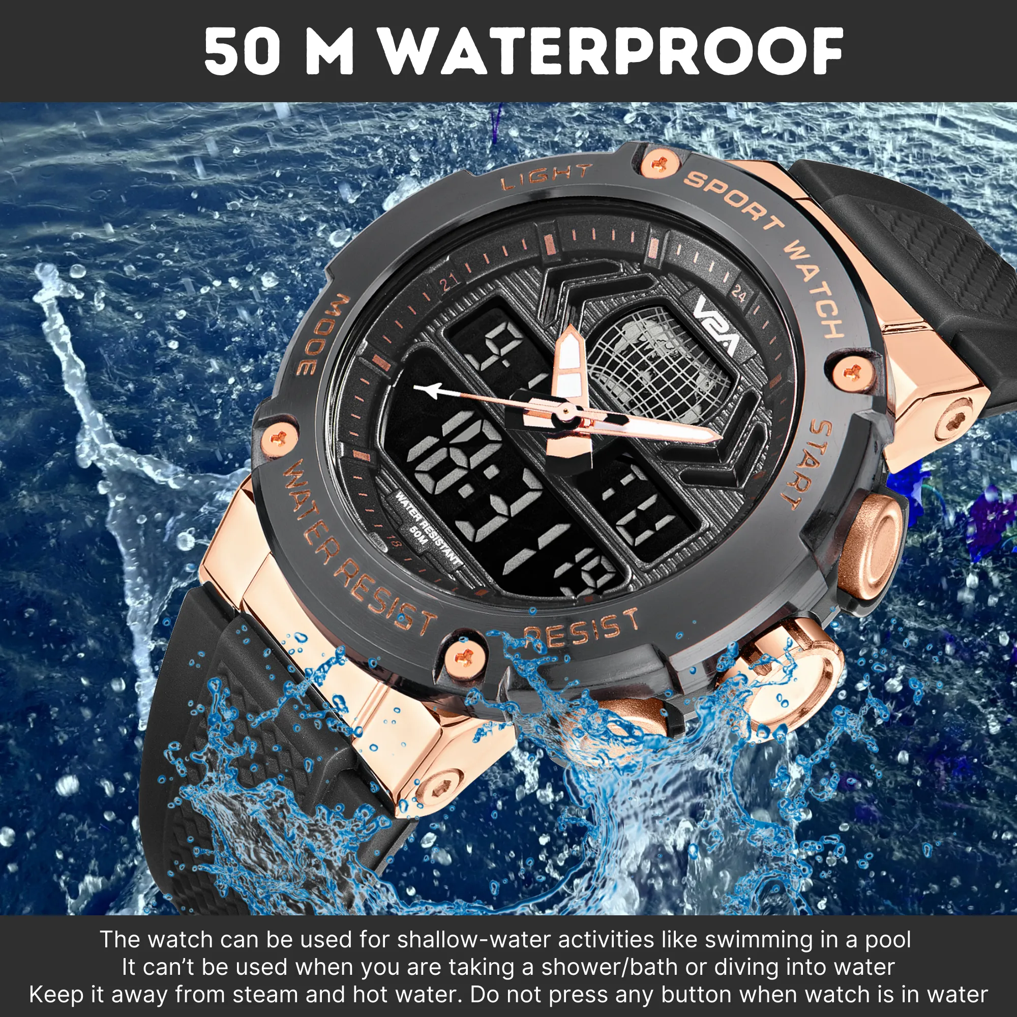 V2A Analog Digital Rose Gold Alloy Metal Case 5ATM Waterproof Sports Watch for Men with Stopwatch, Alarm and Backlight | Case Size- 48mm