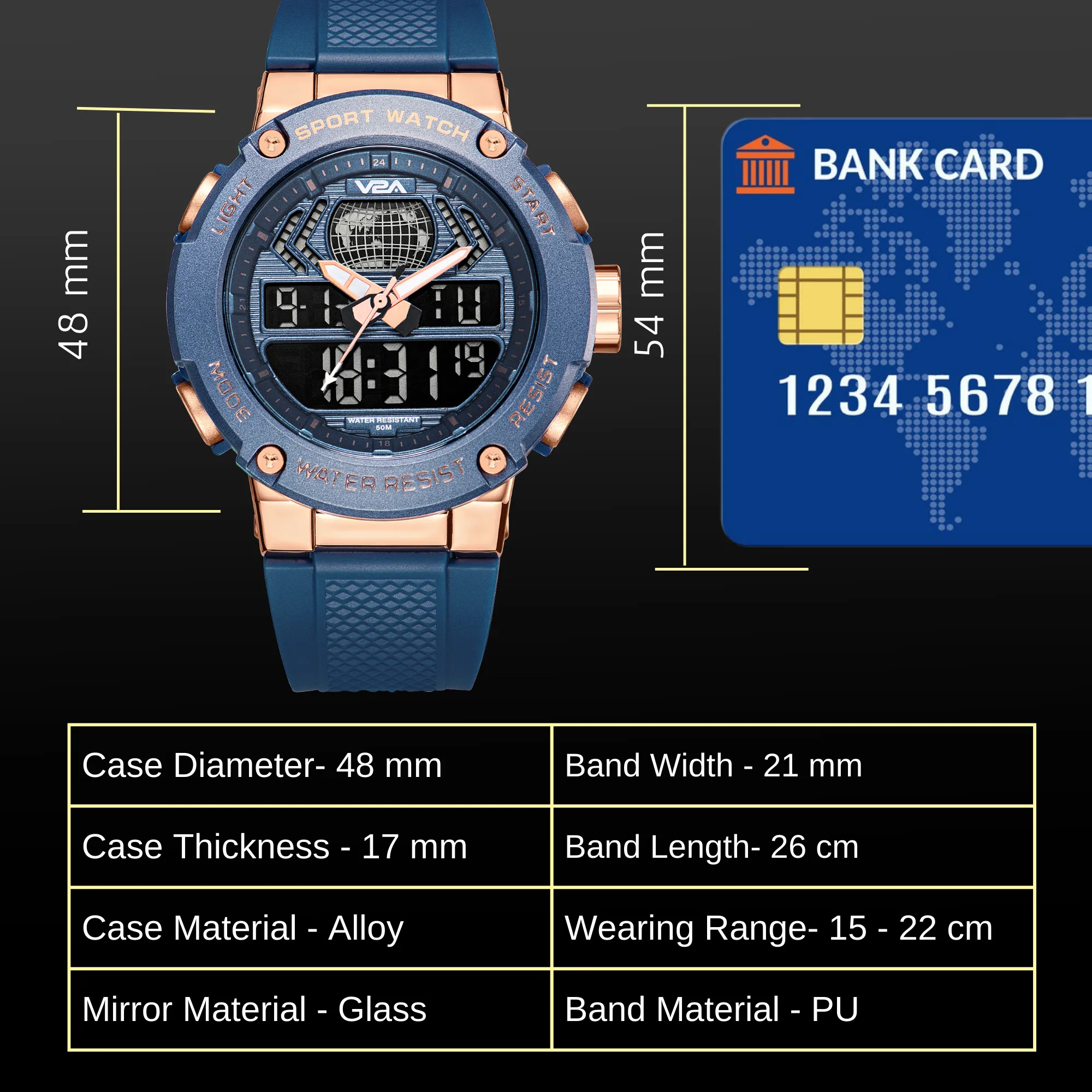 V2A Analog Digital Rose Gold Alloy Metal Case 5ATM Waterproof Sports Watch for Men with Stopwatch, Alarm and Backlight | Case Size- 48mm