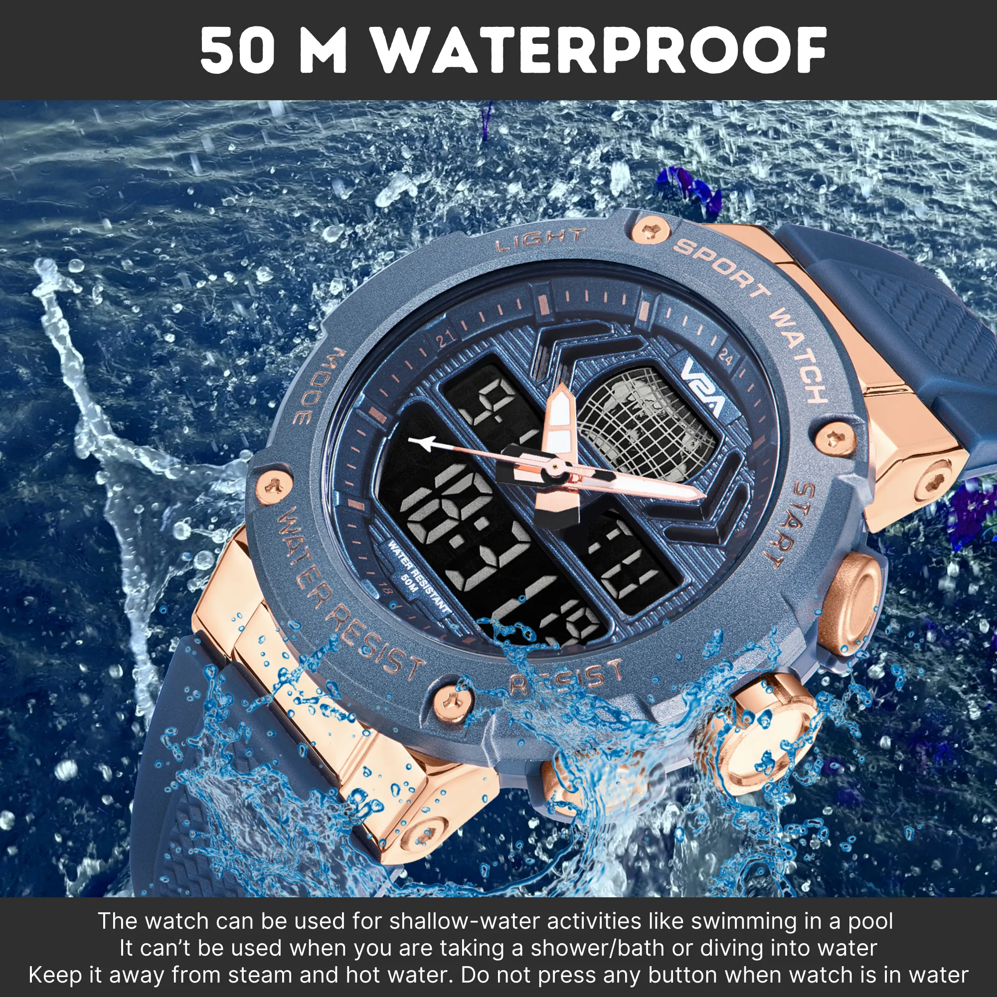 V2A Analog Digital Rose Gold Alloy Metal Case 5ATM Waterproof Sports Watch for Men with Stopwatch, Alarm and Backlight | Case Size- 48mm