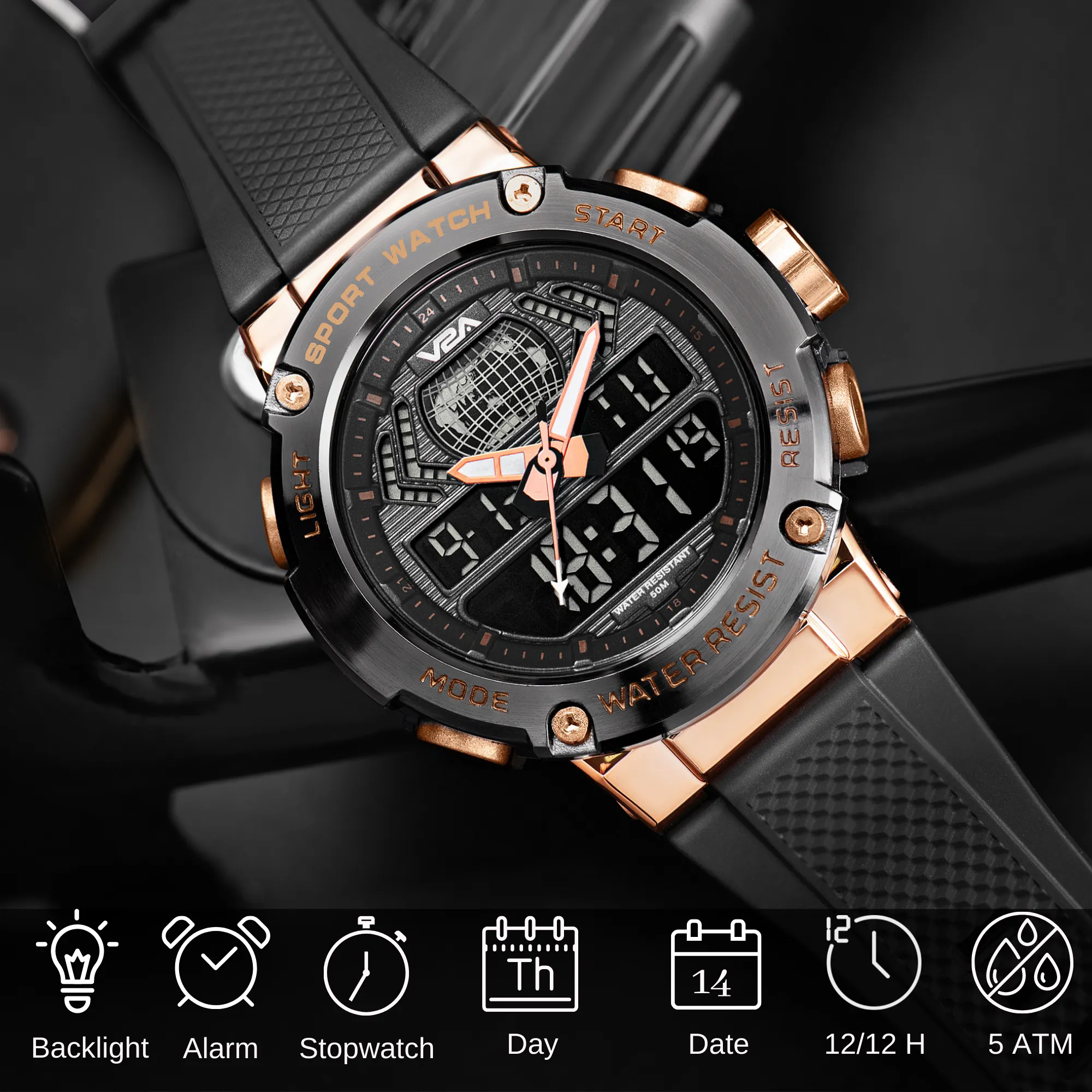 V2A Analog Digital Rose Gold Alloy Metal Case 5ATM Waterproof Sports Watch for Men with Stopwatch, Alarm and Backlight | Case Size- 48mm