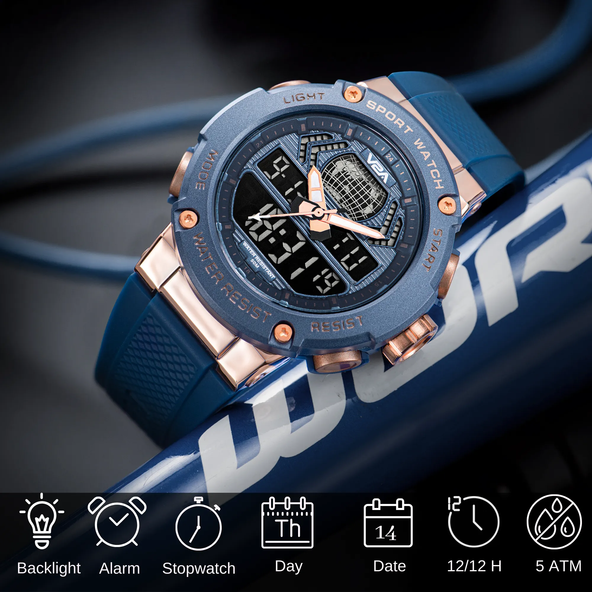 V2A Analog Digital Rose Gold Alloy Metal Case 5ATM Waterproof Sports Watch for Men with Stopwatch, Alarm and Backlight | Case Size- 48mm