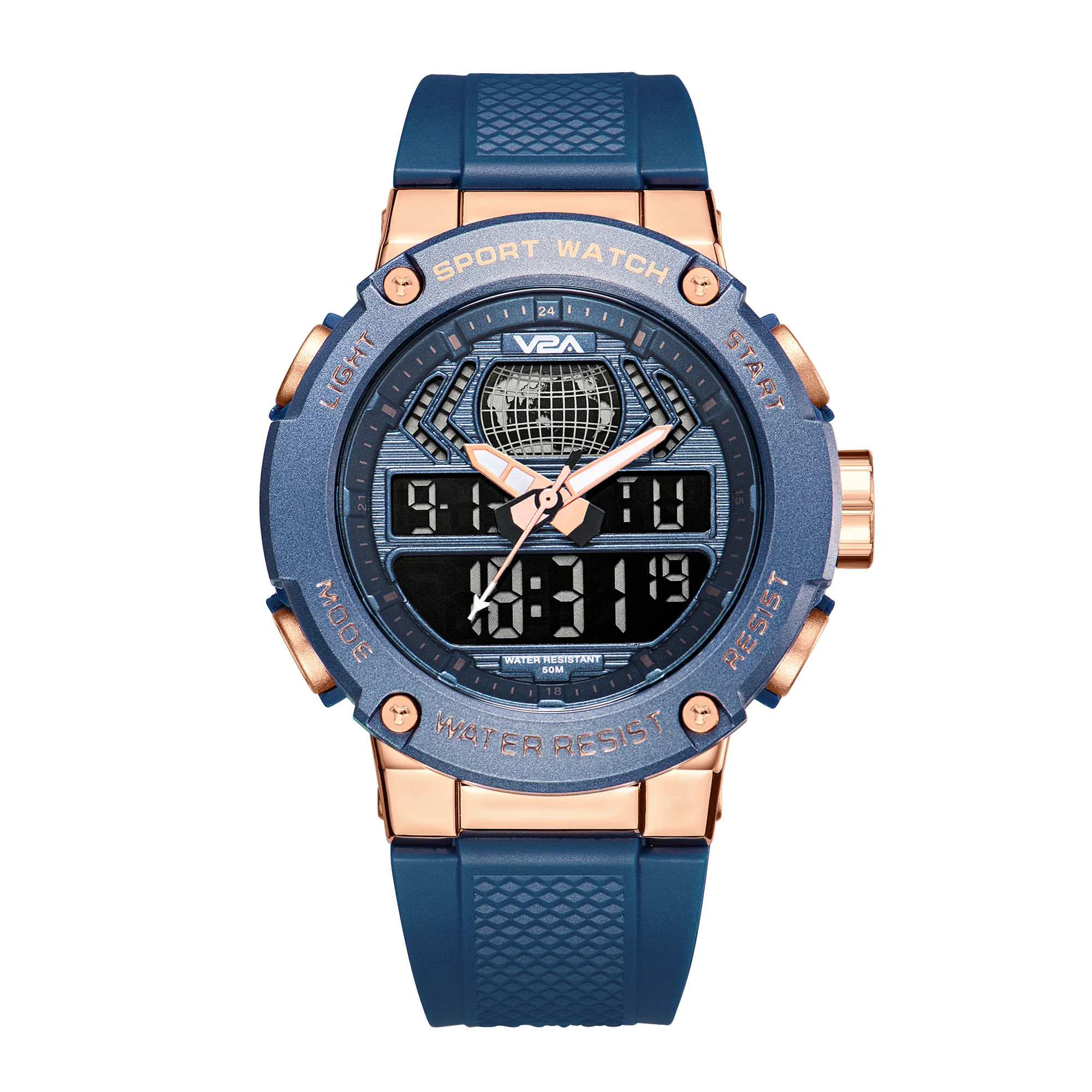 V2A Analog Digital Rose Gold Alloy Metal Case 5ATM Waterproof Sports Watch for Men with Stopwatch, Alarm and Backlight | Case Size- 48mm